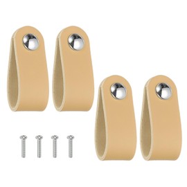 PATIKIL Leather Drawer Pulls, 4 Pcs Leather Handle Single Hole Cabinet Dresser Knobs with Screws for Bathroom Kitchen Dresser Cupboard Door, Beige