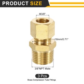 sourcing map 3Pcs Brass Compression Tube Fitting, 3/8" Tube OD x 3/8" NPT Male Connector Straight Coupling Adapter Union Fittings