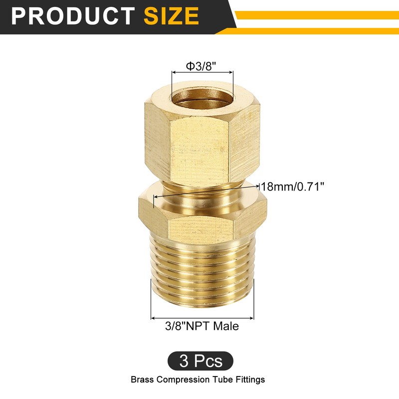sourcing map 3Pcs Brass Compression Tube Fitting, 3/8" Tube OD