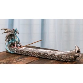 Blue Azureo Dragon On River Styx Boat of Skulls Incense Burner Holder Figurine