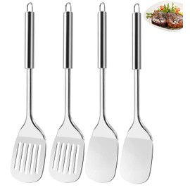 4 Pack Stainless Steel Cooking Spoon Set, Large Metal Spatulas Set with Round Handle,Polished Metal Silver Slotted Solid Turner, Kitchen Heat Resistant Basting Spatulas for Cooking,Fish,Eggs,Pancakes