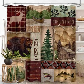 TKUYO Rustic Shower Curtain, Retro Vintage Cabin Bear Deer Farmhouse Forest Cabin Lodge Woodland Adventure Cottage Country Waterproof Fabric Bathroom Shower Curtain Set with Hooks, 72"x72" Inch