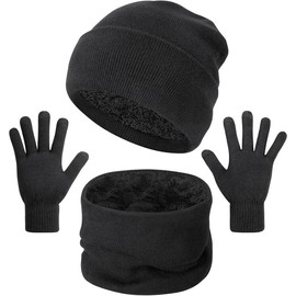 3-Pieces Winter Beanie Hats, Scarf and Touch Screen Gloves Set for Men and Women, Warm Knit Cap Set - Color: Dark Black