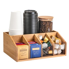 HUCINIUN Bamboo Coffee Station Organizer for Countertop, Coffee Bar Accessories Organizer with 5 Compartments for Tea Condiment, Pods, Creamer, Syrup, Cups