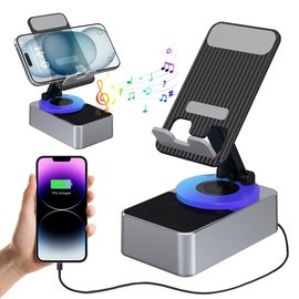Wireless Speaker Phone Holder with Emergency Charging Portable Power Tablet Stand, 5.3 HD Surround Subwoofer Sound with 360°rotatable Adjustable Folding Lift-non-slip Base for All Phones, Tablets, Gifts for Boyfriend - Color: Gray