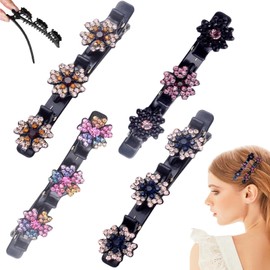 4 Sparkling Crystal Stone Braided Hair Clips, 3 Flower-Shaped Stones, Hair Accessories for Styling and Sectioning, Braided Duckbill Clips for Women and Girls.