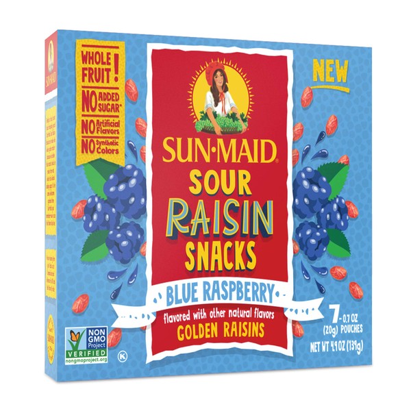 Sun-Maid • Blue Raspberry Sour Raisins Snacks, 0.7 Ounce Box (7 Total), Dried Fruit, No Sugar Added, Non-GMO, Healthy Lunch Box Snack