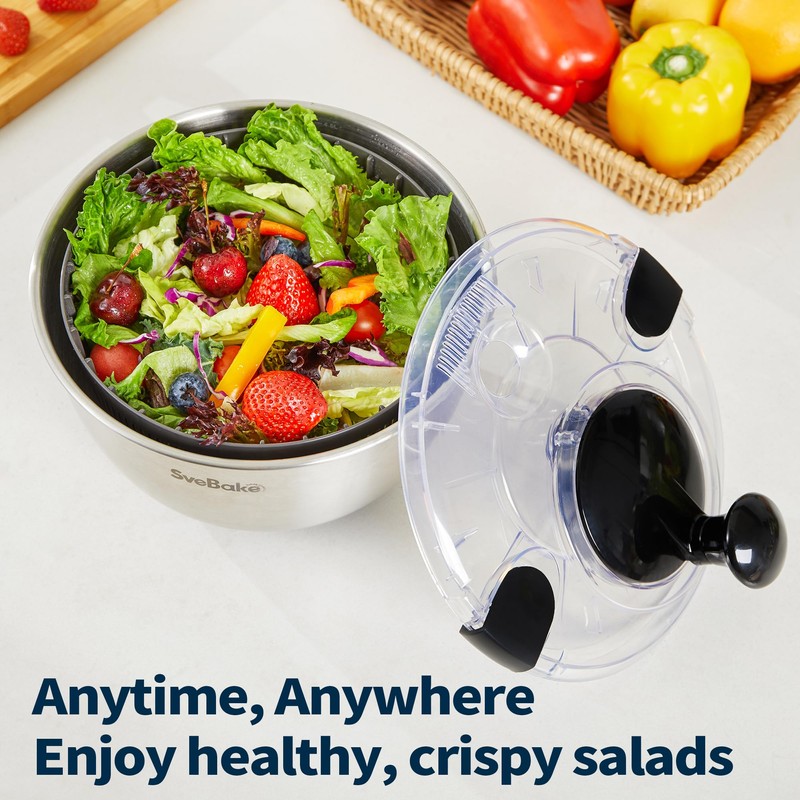 SveBake Stainless Steel Salad Spinner, 4.2 Qt Vegetable Washer, BPA-Free