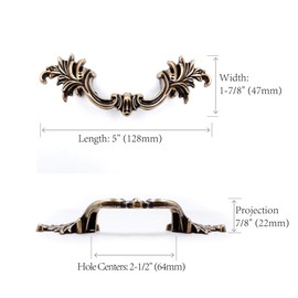 Jetland French Provincial Drawer Pulls - 6-Pack, Antique Brass, 2-1/2" Hole Centers, Vintage Shabby Chic Pulls for Dresser Nightstand Cabinet, PW1618ABR64