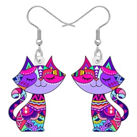 RAIDIN Acrylic Cute Cat Dangle Earrings Boho Gifts for Cat Lovers Funny Pets Kitten Geometric Pattern Design Unique Jewelry for Women Ladies Mom Accessories (Purple)