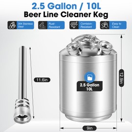 Dbgogo 2.5 Gallon Cleaning Keg Beer Line Cleaner Keg, 304 Stainless Steel Kegerator Line Cleaning Kit with 2 D Coupler Beer Line Cleaning Kit with Ergonomic Carry Handle Pressure Release Valve Lid
