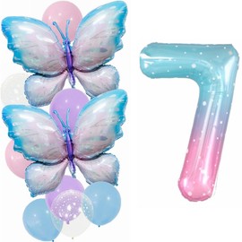 Yunchu Online 7. Geburtstag Dekoration Mädchen Gradient Schmetterling Ballons Deko 7 Jahre Schmetterling Geburtstag Party Set Große Schmetterling Folienballon für Schmetterling Party Supplies
