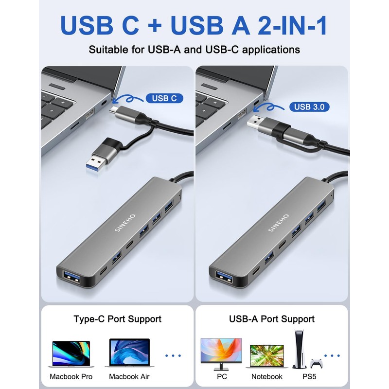 SINEHO 7-in-1 Dual USB Hub (USB-C & USB-A Input), USB