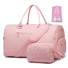 Duffle Bag for Travel, Weekender Bag with Shoe Compartment, Carry On Overnight Bag for Women with Toiletry Bag, 50L Gym Bag with Wet Pocket, Hospital Bags for Labor and Delivery Pink