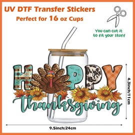 5 Sheets Happy Thanksgiving Day UV DTF Cup Wraps for 16 oz Glass，Autumn Turkey Dwarf Designs Uvdtf Cup Wrap Stickers Waterproof Fall Rub On Transfers for Water Bottle Mugs Libbey Cups DIY Crafts
