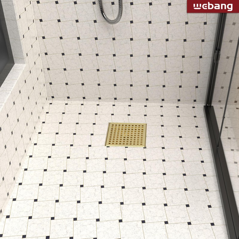 WEBANG 6 Inch Square Shower Drain Gold Floor Drain with