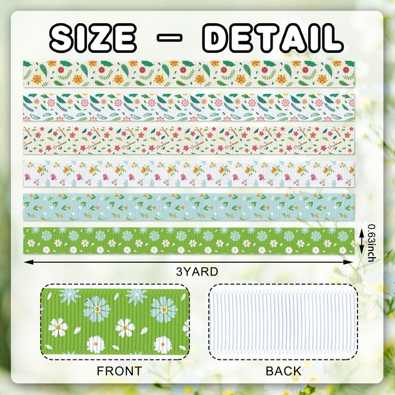 YKW Spring Grosgrain Ribbon, 6 Pack (5/8 Inch x 3