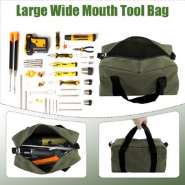 Empty Tool Bag, Multifunctional Canvas Tool Bag with Handle and Large Openings, Small Tool Set, for Electricians, Plumbers, Carpenters, Outdoor Adventure & Gift for Men (Military Green, 14)