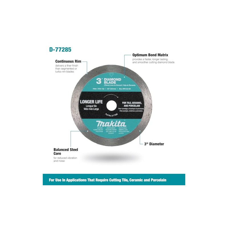 Makita D-77285 3" Continuous Rim Diamond Blade for Ceramic, Granite