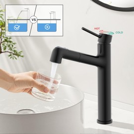 Vessel Sink Faucet Black with Pull Out Sprayer, Hurran Tall Bathroom Faucets with Pop Up Drain, Stainless Steel Single Handle Faucets with 2 Spout Patterns