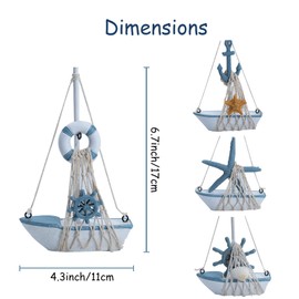 Sedubila Set of 4 Mini Sailboat Model Decorative Mediterranean Wooden Miniature Sailboat Home Decor Set, Beach Nautical Design, Blue and White, 4.4 X 6.8 in.