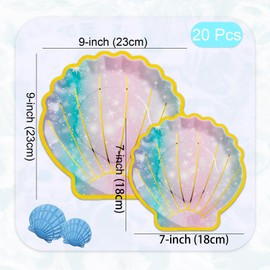 AQUGOO 20 Pcs Fashion Pop Mermaid Shape Disposable Plates Set, 7-inch and 9-inch Glitter Seashell Design Paper Plate, Suitable for Baby Showers, Picnic, Birthday Party Supplies (Multicolor)
