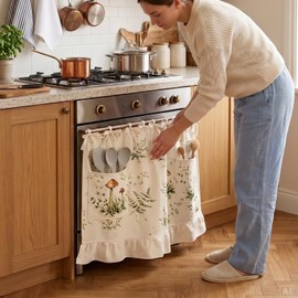 Oven Skirt Curtain for Kitchen Decor with Pockets, Mushroom Botanical Stove Cover Skirt with 8 Ribbon Ties, Farmhouse Oven Door Curtain Ruffle Dishwasher Cover for Kitchen Cabinet Decor, 21 x 29 Inch
