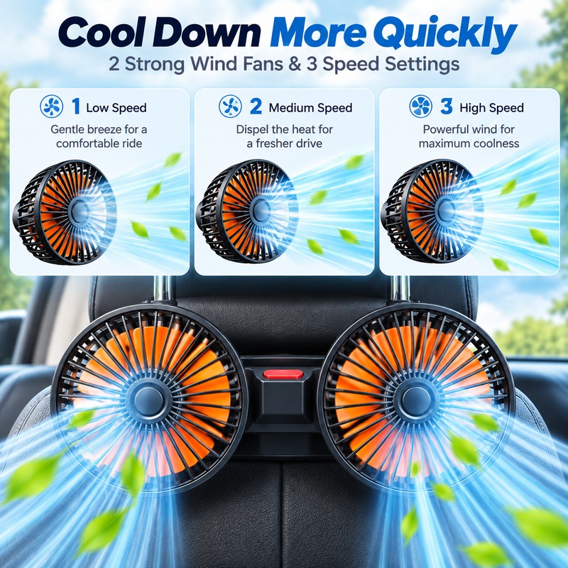 Dual Head Car Fan for Rear Seat Cooling – 3-Speed