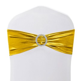 Trimming Shop Shiny Gold Spandex Chair Band with Slider Buckle, Stretchy Fabric Chair Band Sash, Elastic Wedding Chair Cover Band for Chair Decoration, Wedding Party, Reception, Banquet, 1pc