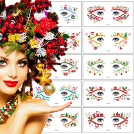 mdgfge 10 Pairs Christmas Temporary Tattoo Stickers for Face and Eyes, Colorful Santa Claus Christmas Tree Snowman Snowflake Christmas Decoration for Xmas Party Women Makeup Accessories