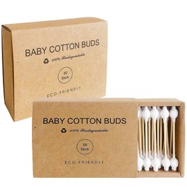 Bamboo Safety Baby Cotton Swabs, 100 Count in Two Small Boxes 100% Biodegradable, Gentle, Plastic-free Safety Double Tipped Cotton Buds for Ear Cleaning, Hypoallergenic & Ecofriendly, Suitable for All Ages and Pets
