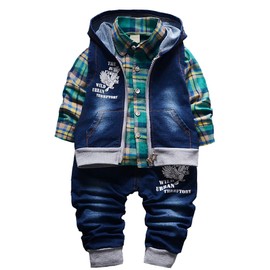 Yao Spring Autumn Baby Boys 3-Piece Clothing Set Cotton Shirt Jeans Vest, Green, 9-12 Monate