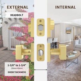 naubea Gold Door Knob with Deadbolt Lock Set, Satin Brass Exterior Deadbolt and Door Knob with Key