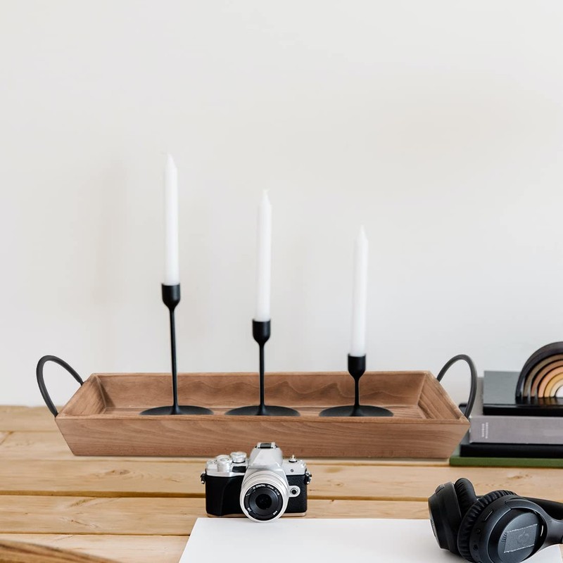 AGLARY Rectangle Wood Candle Tray with Black Metal Handles, Rustic