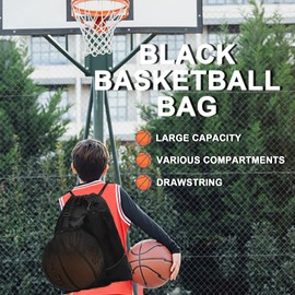 KAEGREEL Drawstring Basketball Bag for Boys, Foldable Soccer Basketball Backpack Gym Bag Sackpack Sports Sack with Detachable Ball Mesh Bag for Volleyball Baseball Yoga, Black