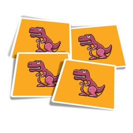 Vinyl Square Stickers (Set of 4) 10cm - Pink Dinosaur T-Rex Pixel Gamer Gaming for Laptops, Tablets, Luggage, Scrap Booking, Fridges #58668