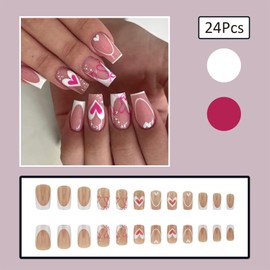 24Pcs Valentine’ s Day Press on Nails Medium Length Fake Nails Square Shape False Nails with Small Pink Red Hearts Glossy White French Acrylic Glue on Nails Stick on Nails for Women Manicure Decor