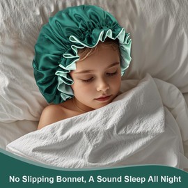ZURLEFY Silk Bonnet for Kids, Teal Double Layer Infant Sleeping Hat, Cute Satin Hair Bonnet for Girls Boys Toddler Curly Hair Night Cap (65-02S)