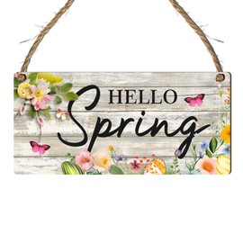 Hello Spring Wooden Plaque - Vibrant Flowers & Easter Eggs Design on Grey Wood-Effect, Handcrafted Seasonal Home Decor, Perfect for Family Gatherings & Springtime Cheer