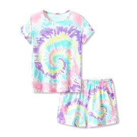 Tebbis Trendy Tie Dye Spiral Pajamas for Girls 2-Piece Soft Tee & Shorts PJ Set Jammies Size 16