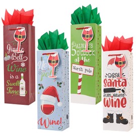 ZJHiome 12 Pack Christmas Bottle Gift Bags with Tissue Paper,13.7" Thick Paper Bottle Bags Bulk for Champagne & Wine Bottles,Reusable Wine Bags for Gift (Multi)