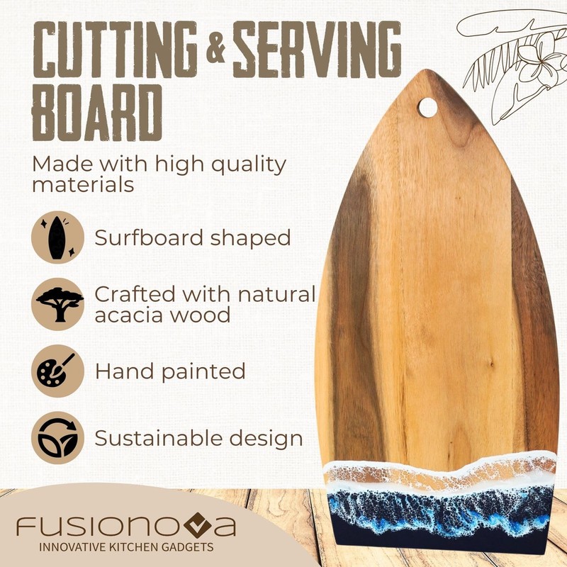 FUSIONOVA Acacia Cutting Board with Epoxy - Surfboard Shaped Wood