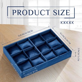 Henoyso 2 Pieces Blue Velvet Watch Tray Jewelry Organizer 12 Grid Stackable Watch Bracelet Bangle Display Holder Adjustable Pillow
