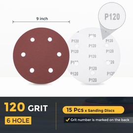 HARFINGTON 15 Pcs 9 Inch Sanding Disc 6 Hole 120 Grit Hook and Loop Sandpaper Random Orbital Sander Pads for Woodworking Automotive Metal Polishing