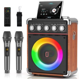 HWWR Karaoke Machine for Adults Kids, Bluetooth Speaker with 2 Microphones, Bass/Treble Adjustment, Portable PA System with Remote Control/LED Lights for Home Party, Support USB/AUX/REC/TWS