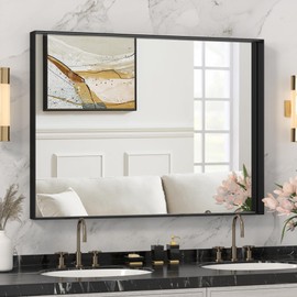 DENRICK Black Brushed Metal Framed Bathroom Mirror for Wall, 30X36 Inch Bathroom Mirrors, Bathroom Vanity Mirror Farmhouse, Large Mirrors for Over Sink,Anti-Rust, Tempered Glass