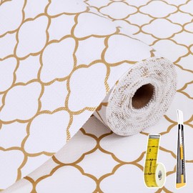 Shelf Liners for Kitchen Cabinets 17in x 30FT Non Adhesive Drawer Liner Gold Quatrefoil Thickened Shelf Liner Paper Strong Non-Slip Easy to Clean for Tool Box Refrigerator with Knife and Tape Measure