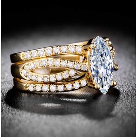 Engagement Promise Wedding Ring Set for Women | White Gold Tone Gold Tone Marquise Cut Solitaire 1.5 Ct AAA Zirconia with Wedding Bands | Luxury Unique Bowtie Shank Design