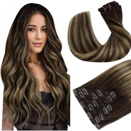 Hetto Clip in Hair Extensions Human Hair Balayage Brown to Strawberry Blonde Clip in Human Hair Extensions 18 Inch Clip in Extensions Real Human Hair Ombre Brown 7pcs 120g #4/27/4
