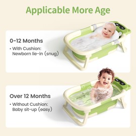 Kerbwry Collapsible Baby Bathtub for Newborn to Toddler (0-18 Month) - Portable Baby Bath Tub for Travel, Newborn Bathtub with Soft Towel and Floating Cushion (Green)